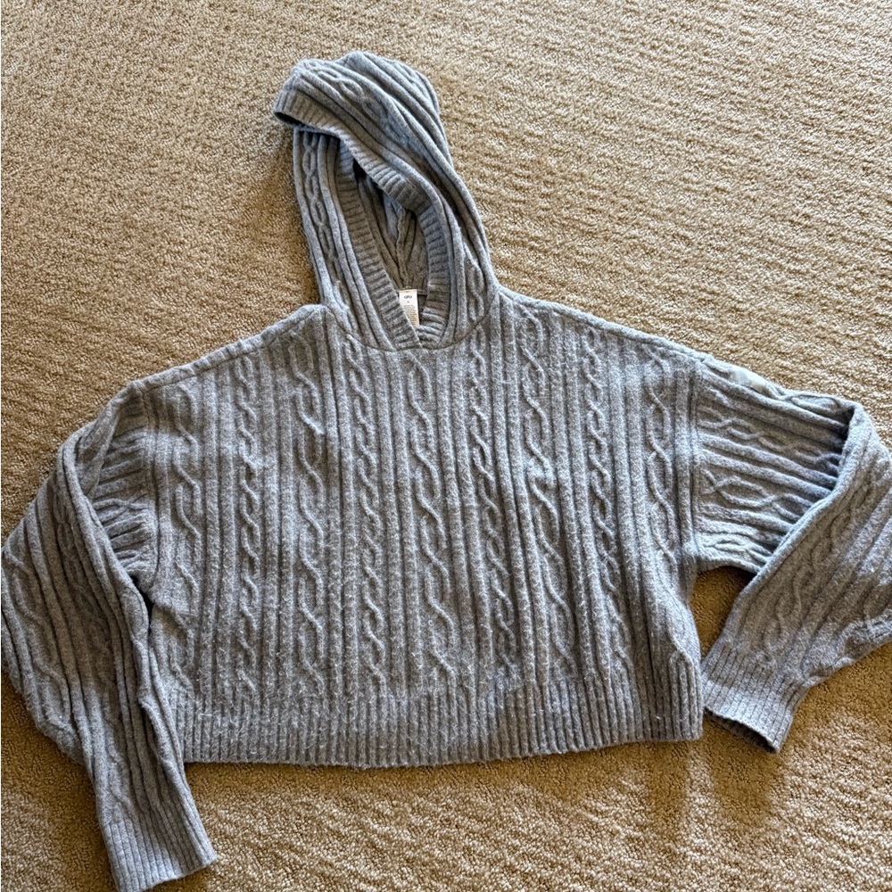 ALO Women's Grey Cable-Knit Hooded Sweater - Relaxed Crew